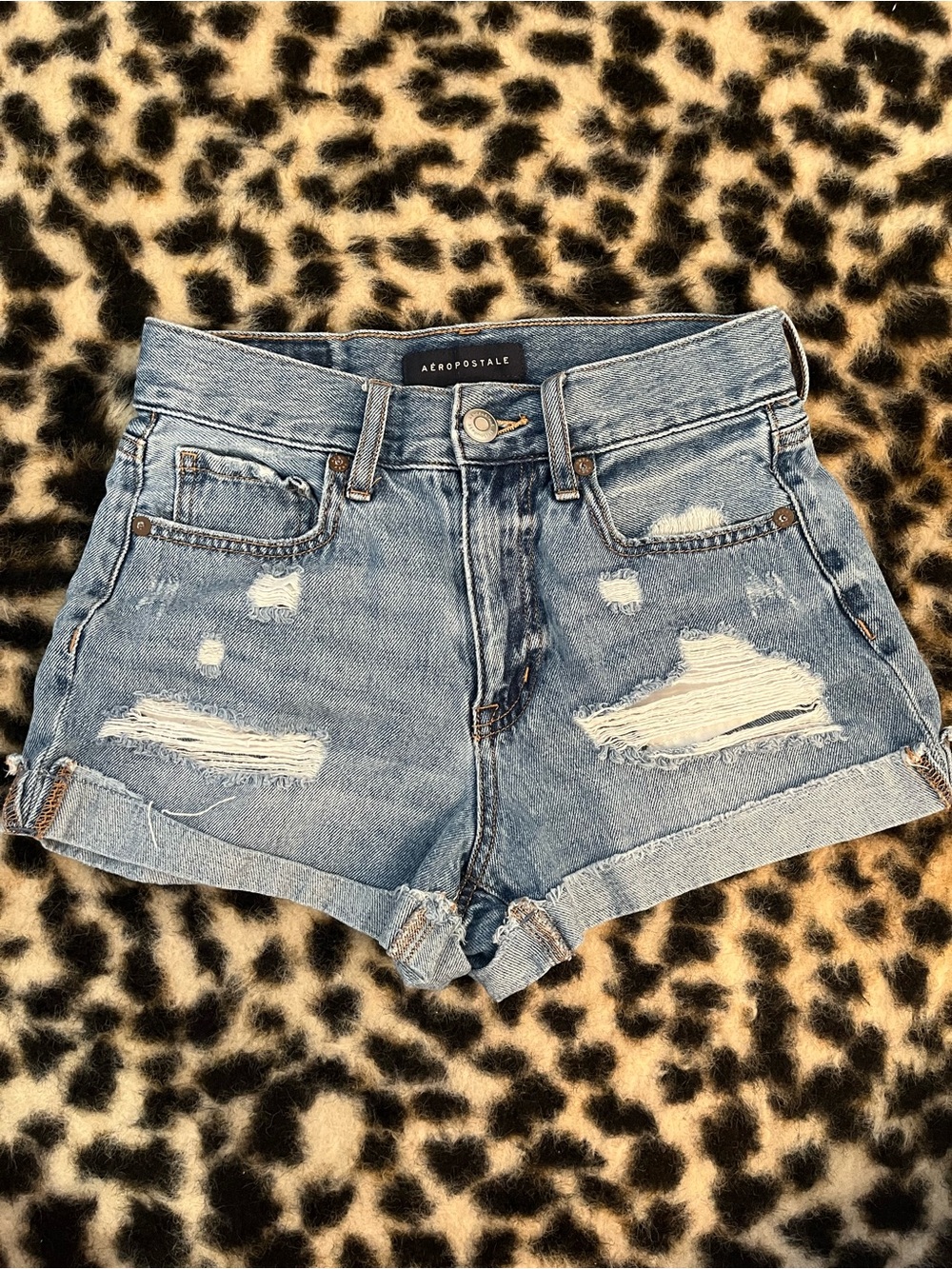 Aeropostale Light Wash Distressed Roll-Cuff Denim Shorts